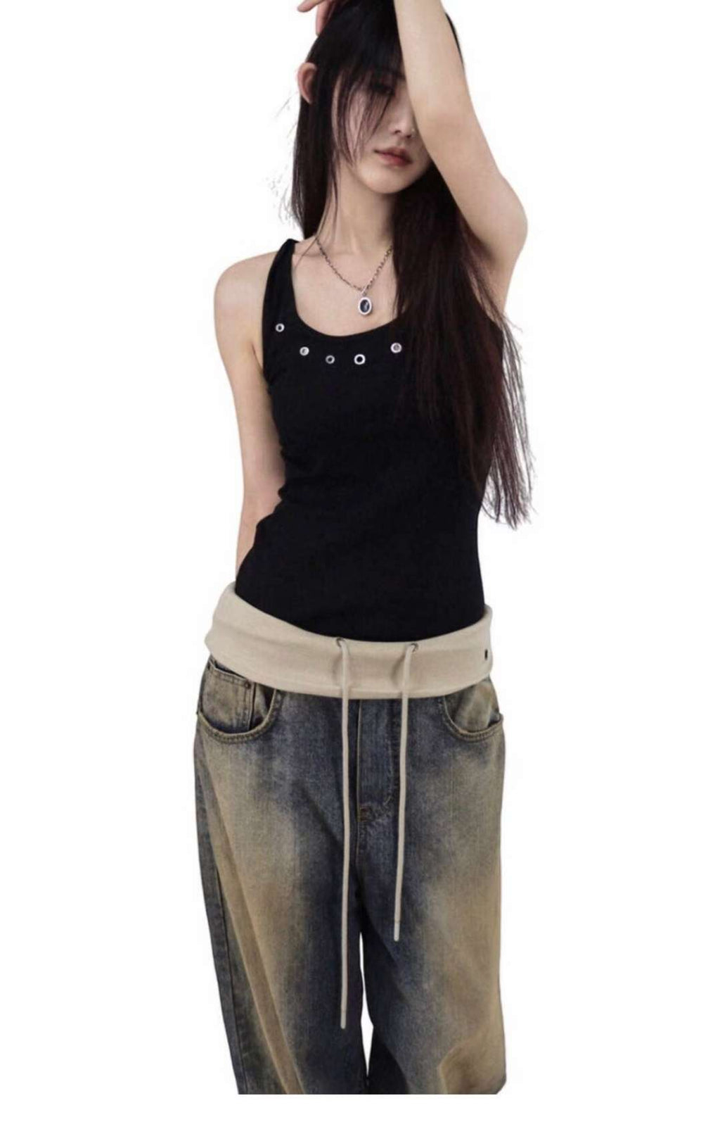 翻邊復古做舊牛仔褲