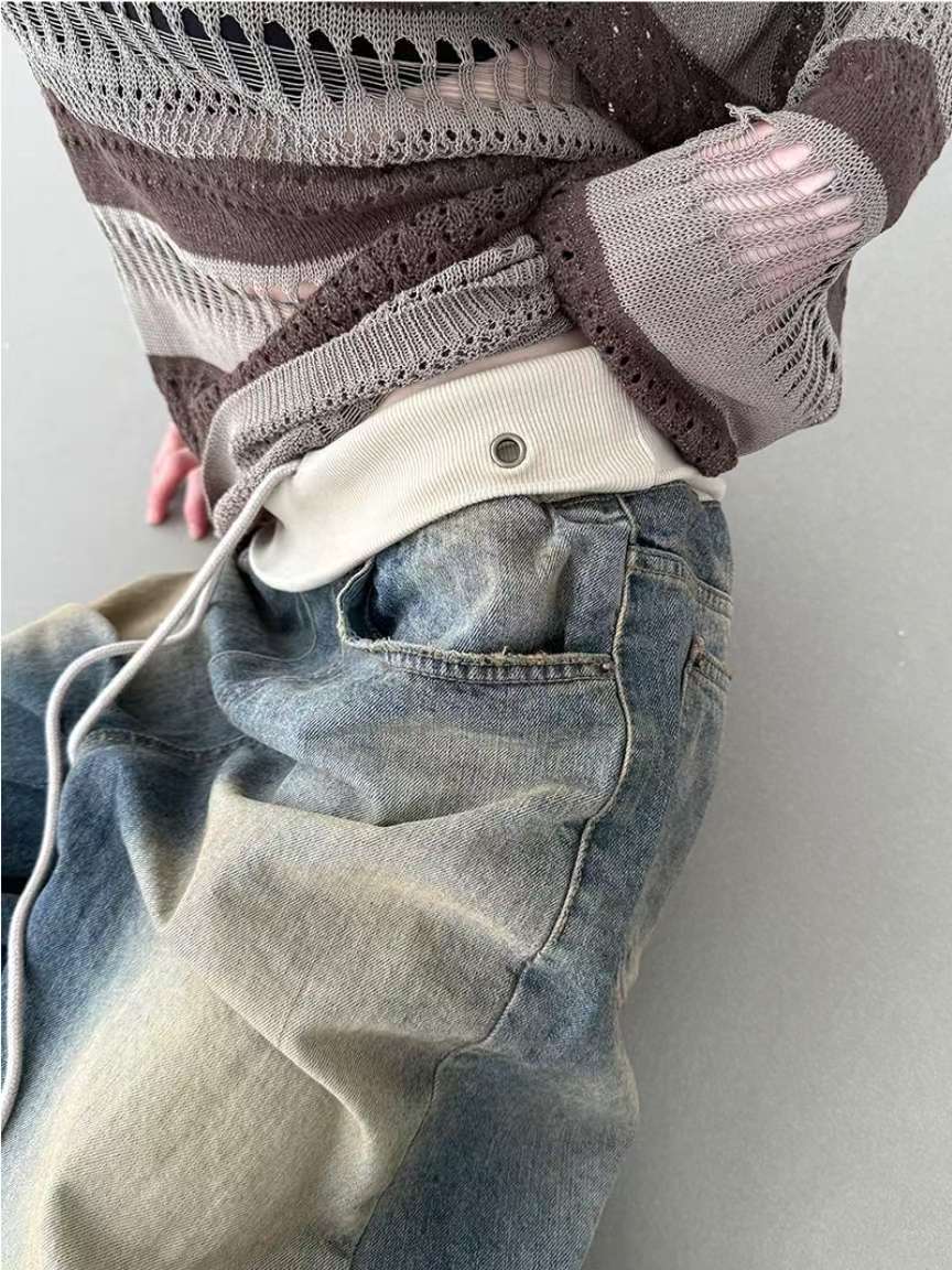 翻邊復古做舊牛仔褲