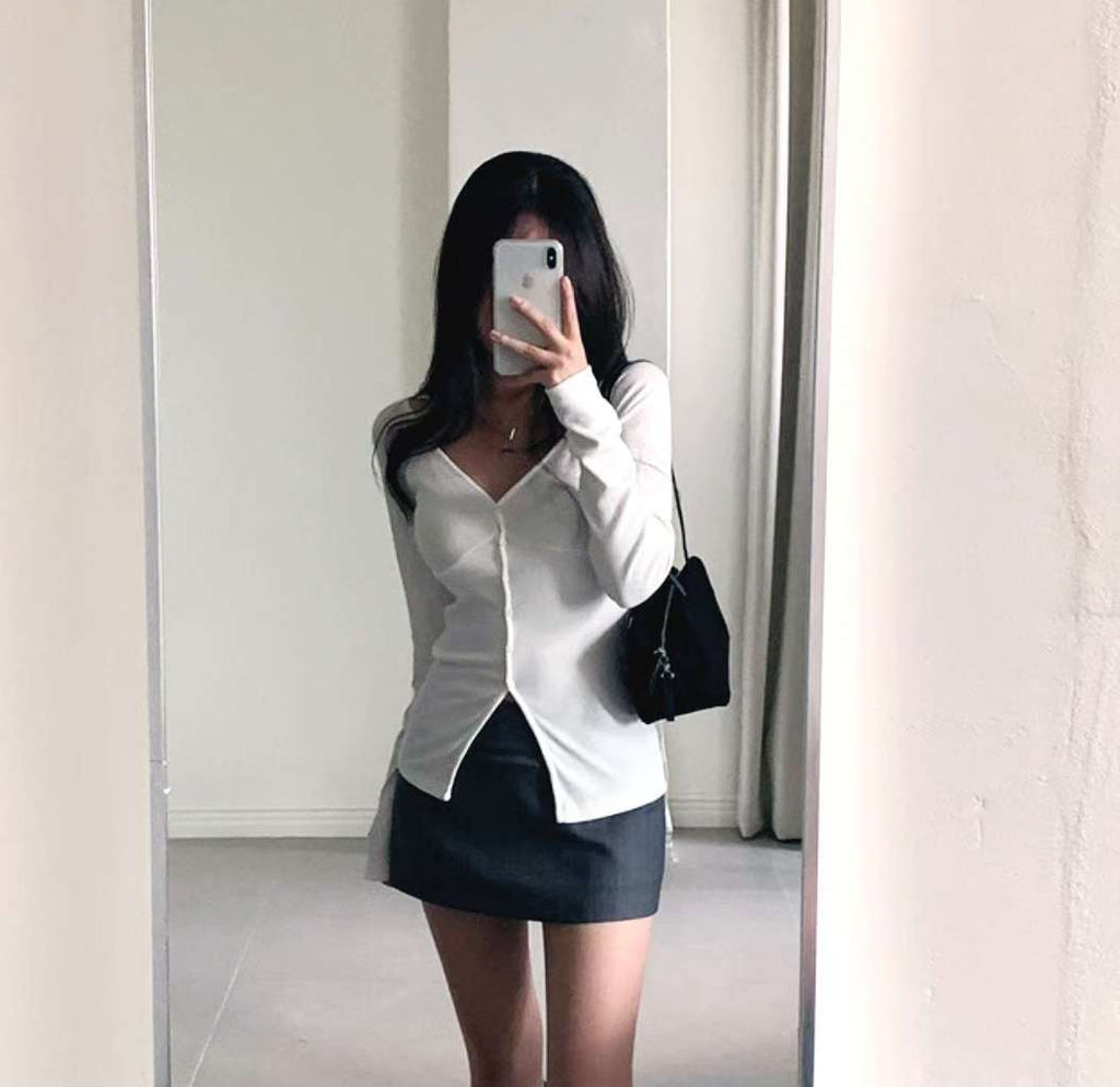 低胸鈕扣長袖薄長袖