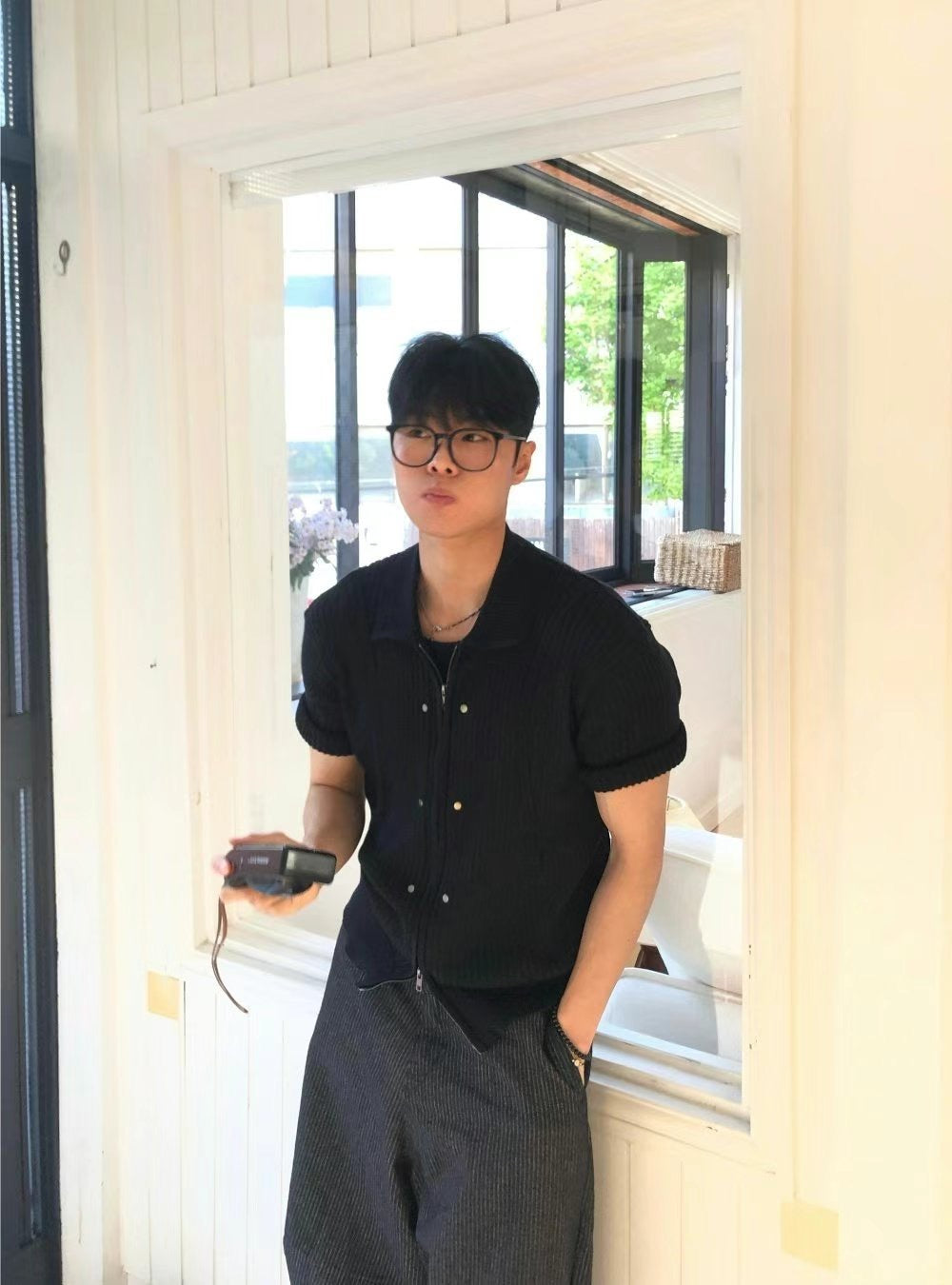 雙向拉鍊條紋針織短袖外套