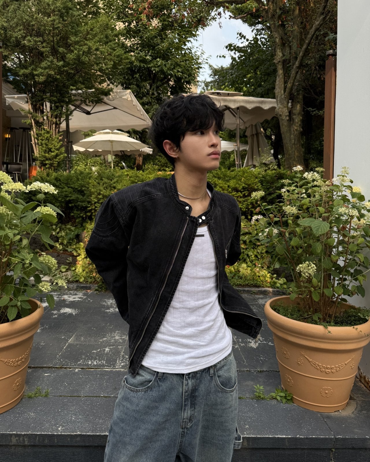 立領機車牛仔外套