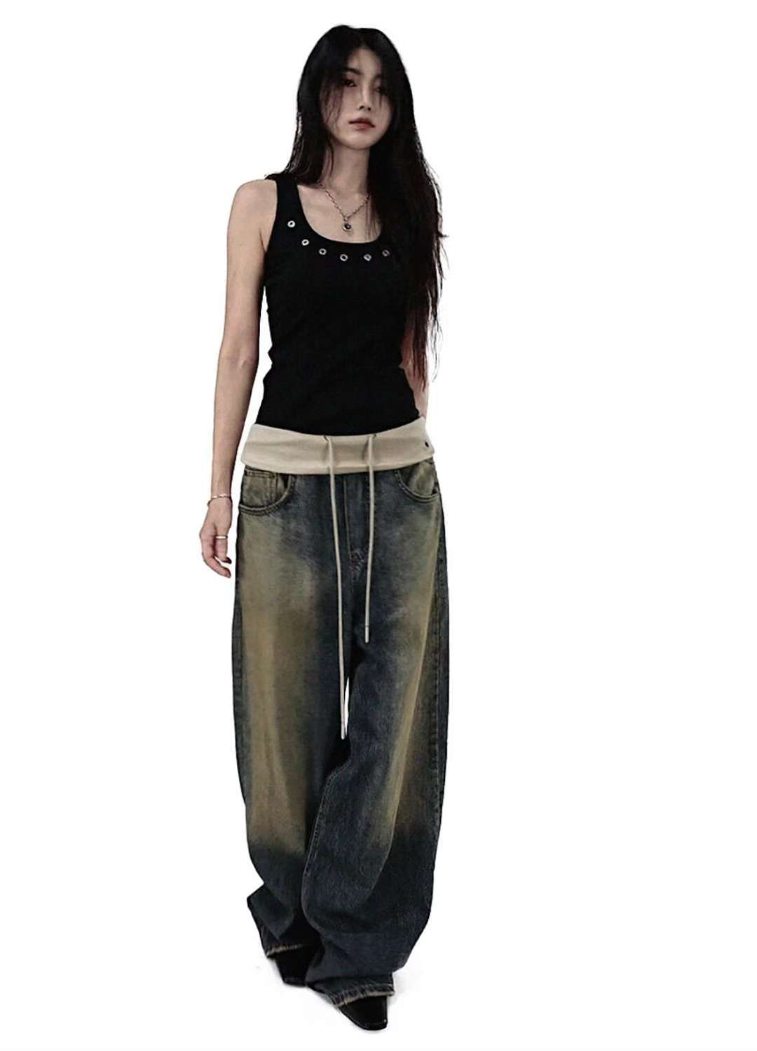 翻邊復古做舊牛仔褲