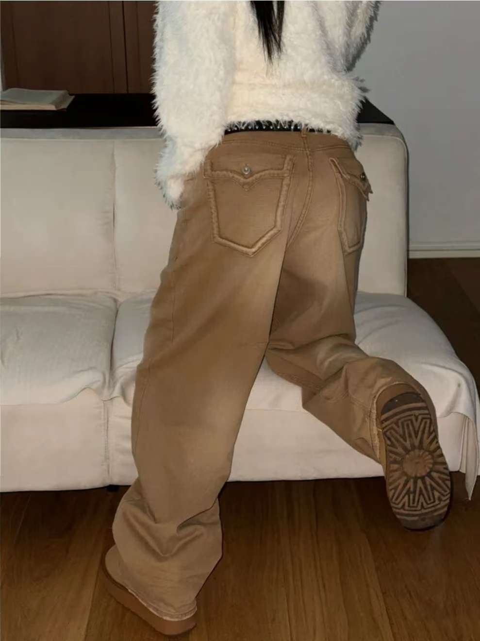 摩卡色水洗闊腳牛仔褲