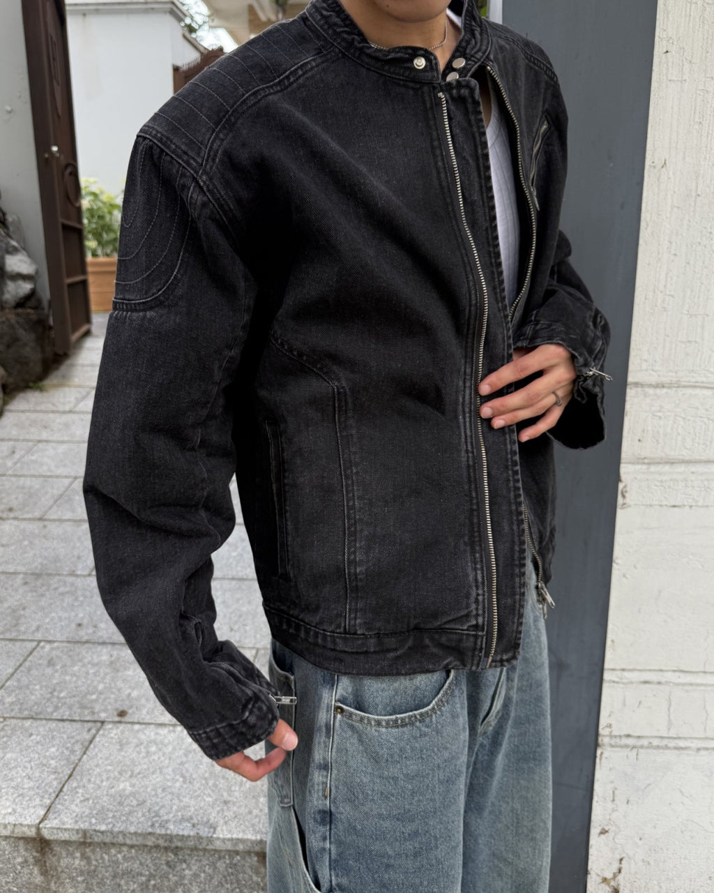 立領機車牛仔外套