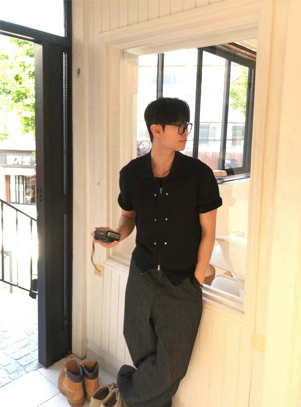雙向拉鍊條紋針織短袖外套