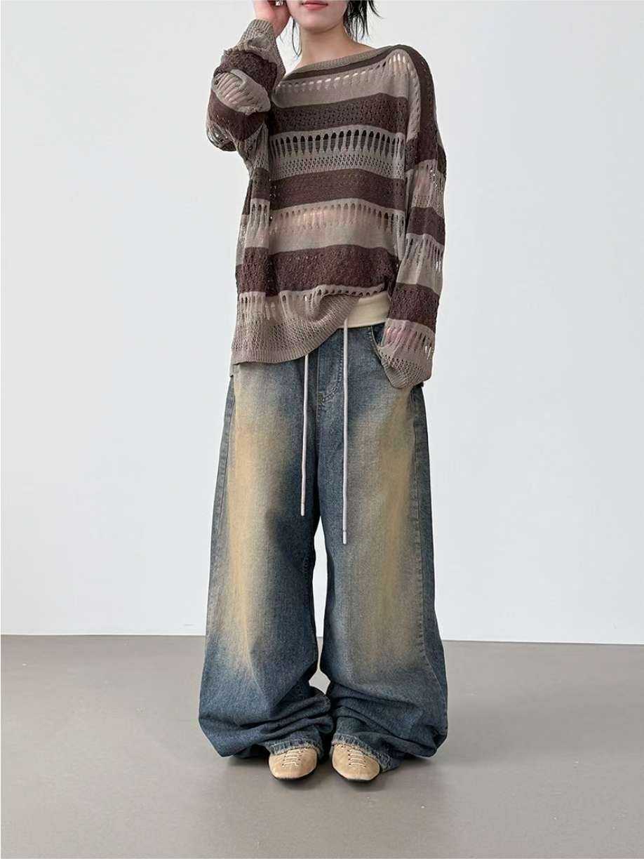 翻邊復古做舊牛仔褲