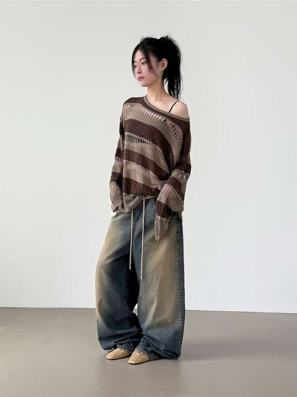 翻邊復古做舊牛仔褲