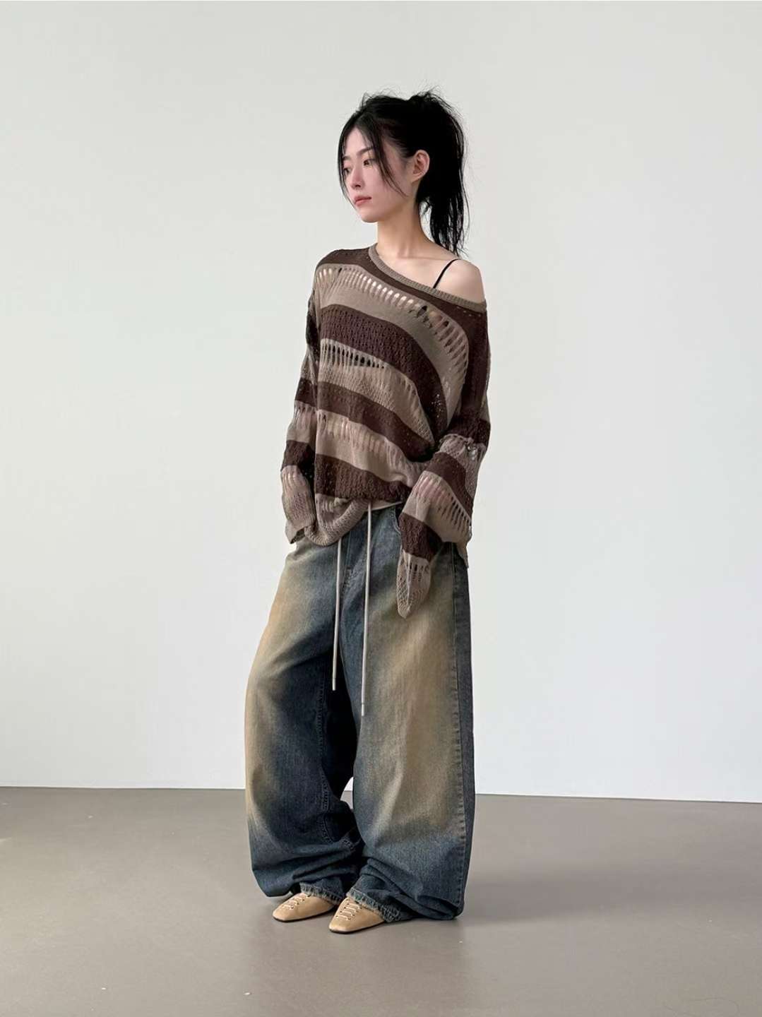 翻邊復古做舊牛仔褲