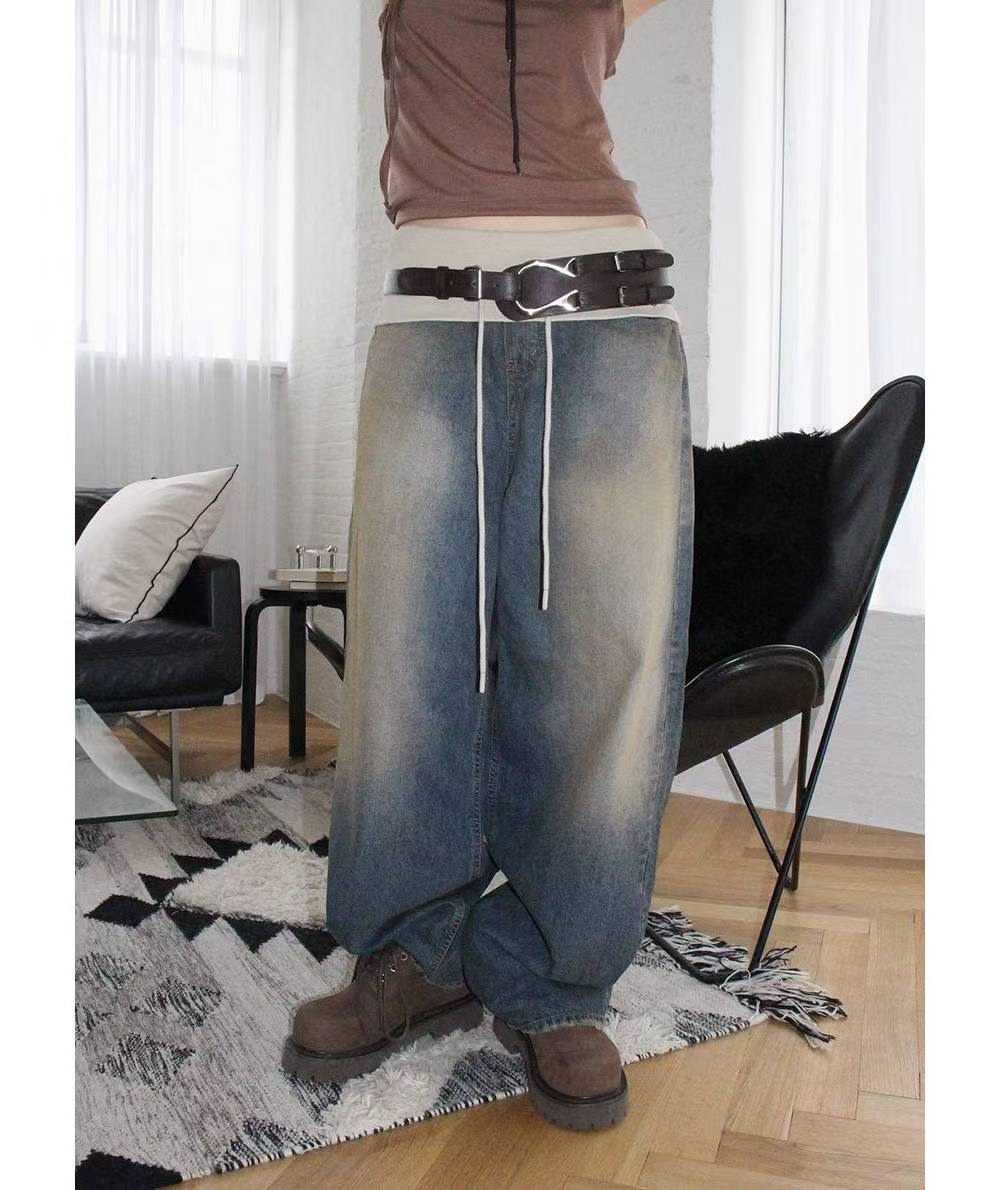 翻邊復古做舊牛仔褲