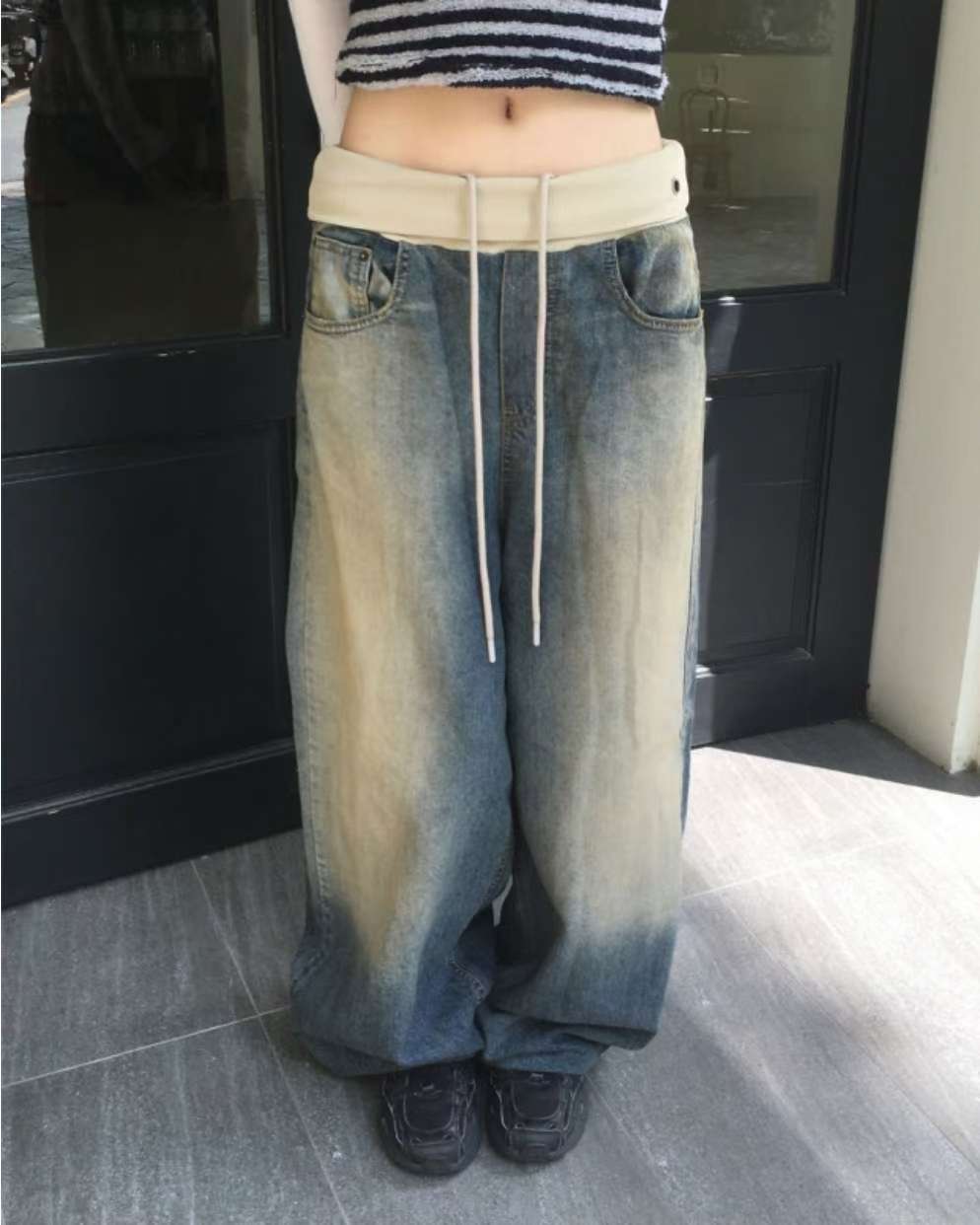 翻邊復古做舊牛仔褲