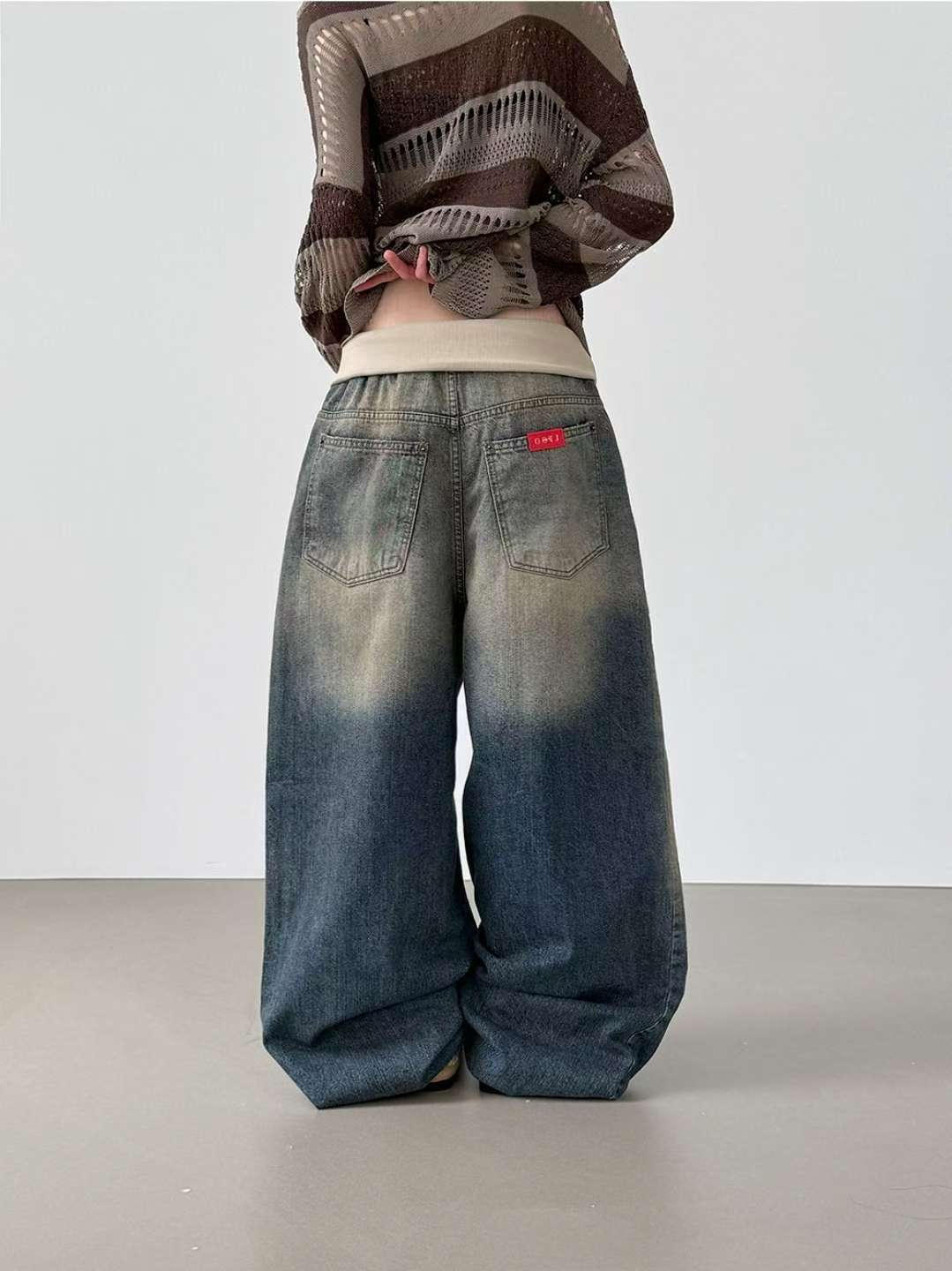 翻邊復古做舊牛仔褲