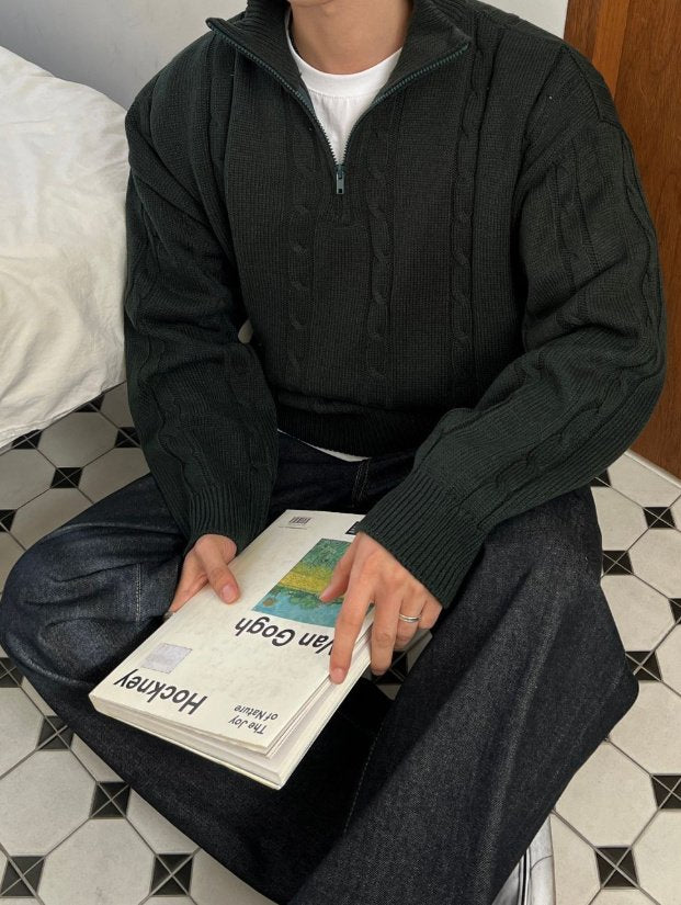 麻花半拉鍊針織衫