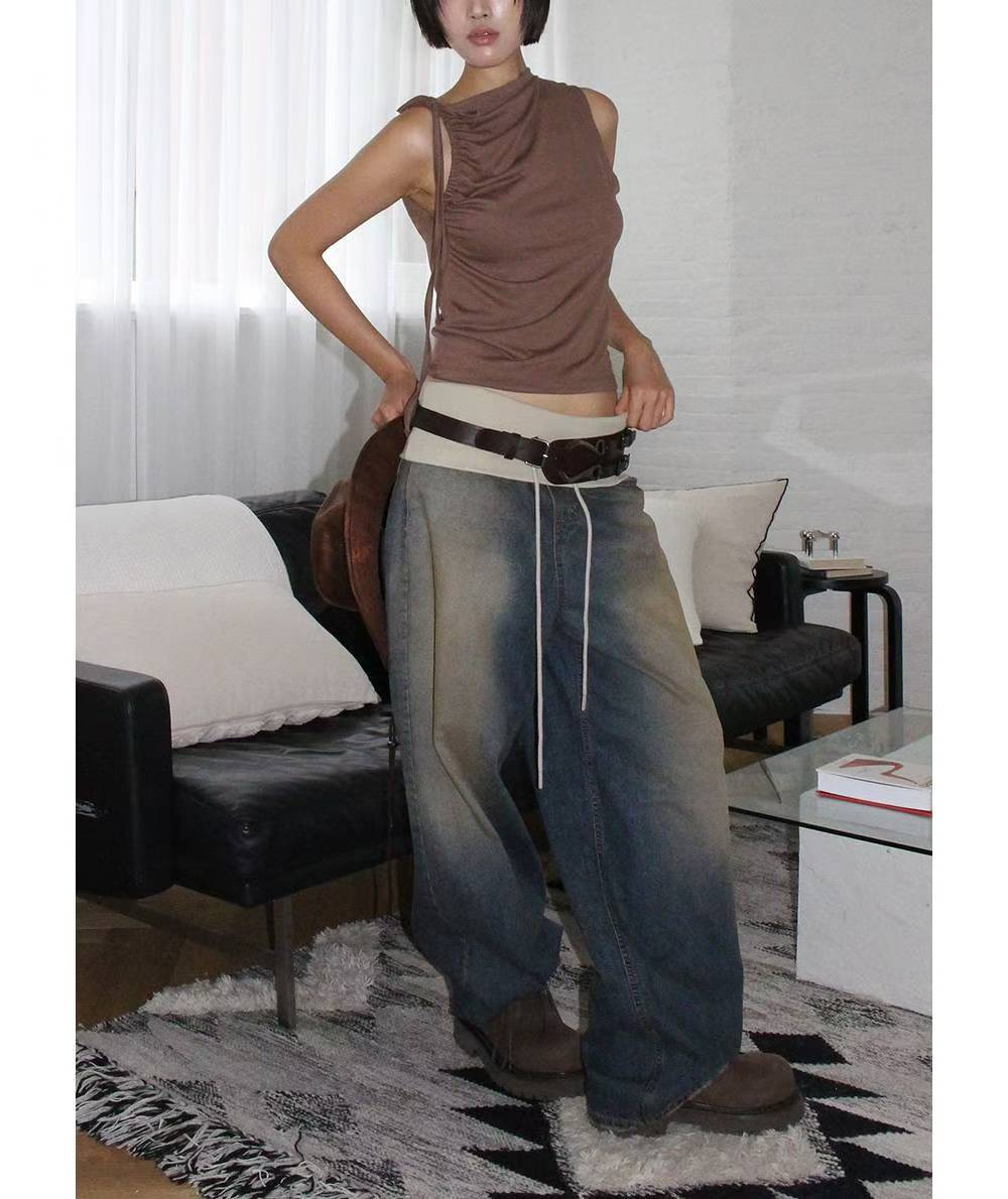 翻邊復古做舊牛仔褲