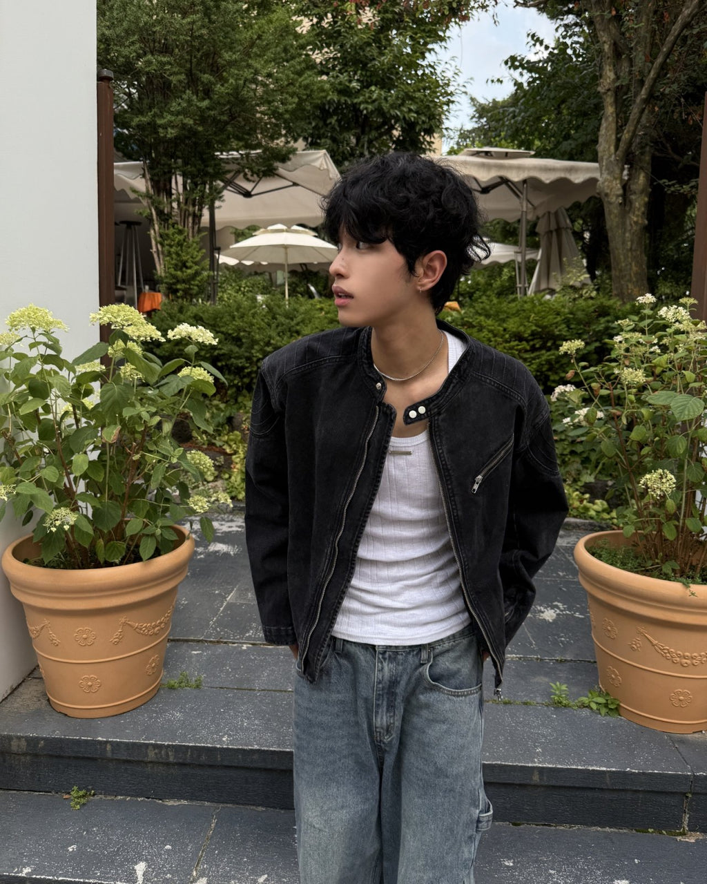 立領機車牛仔外套