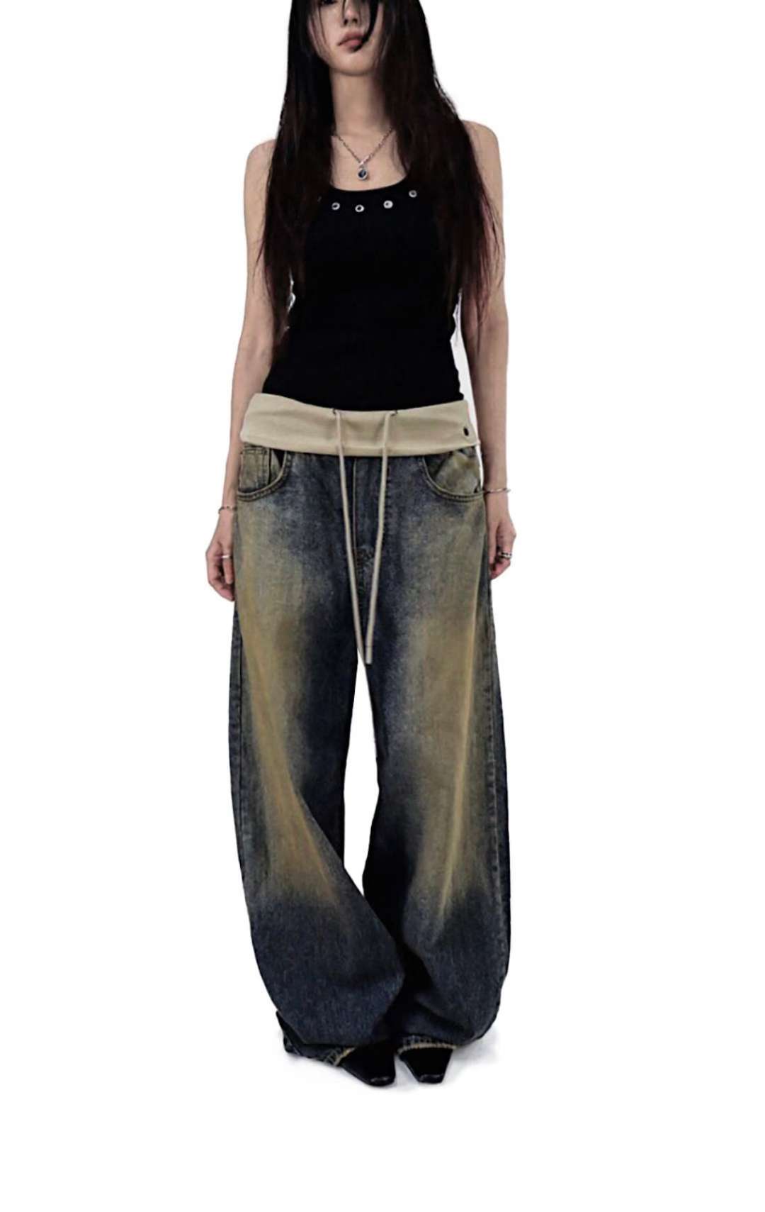 翻邊復古做舊牛仔褲