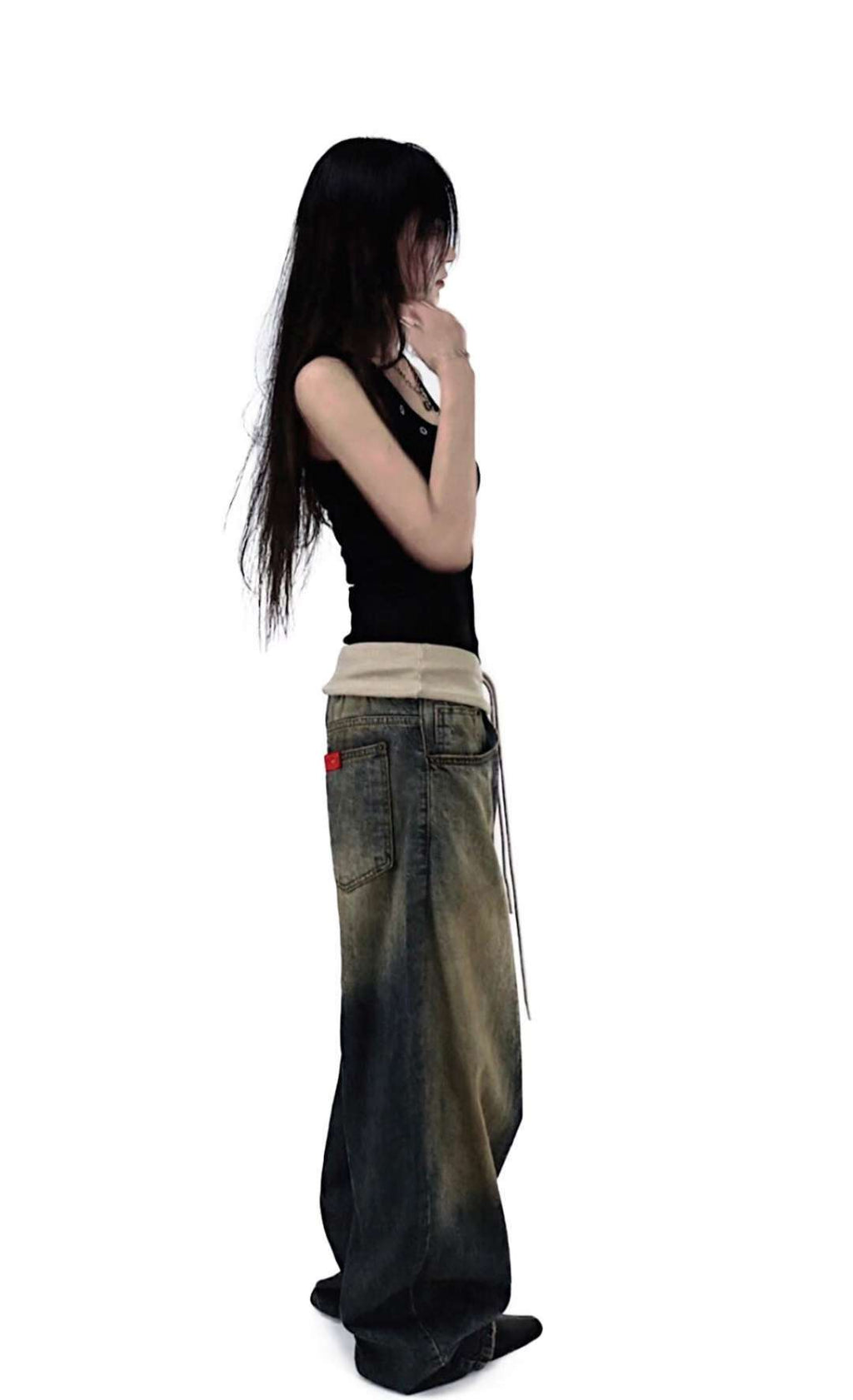 翻邊復古做舊牛仔褲