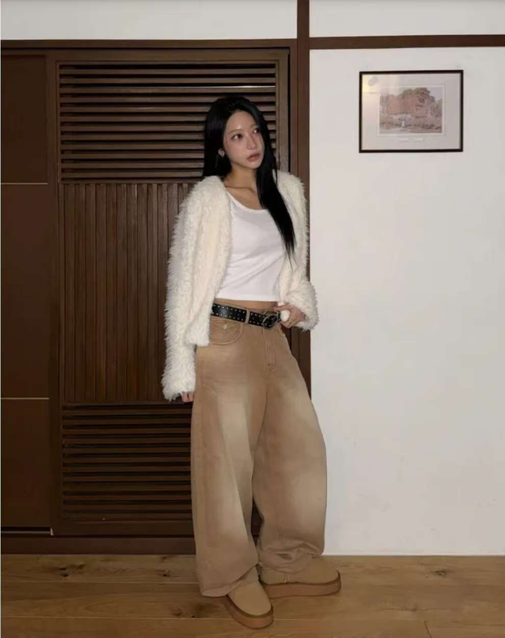 摩卡色水洗闊腳牛仔褲