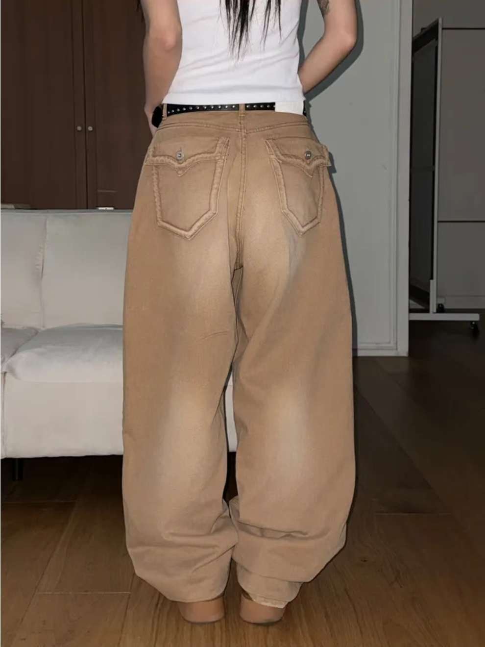 摩卡色水洗闊腳牛仔褲