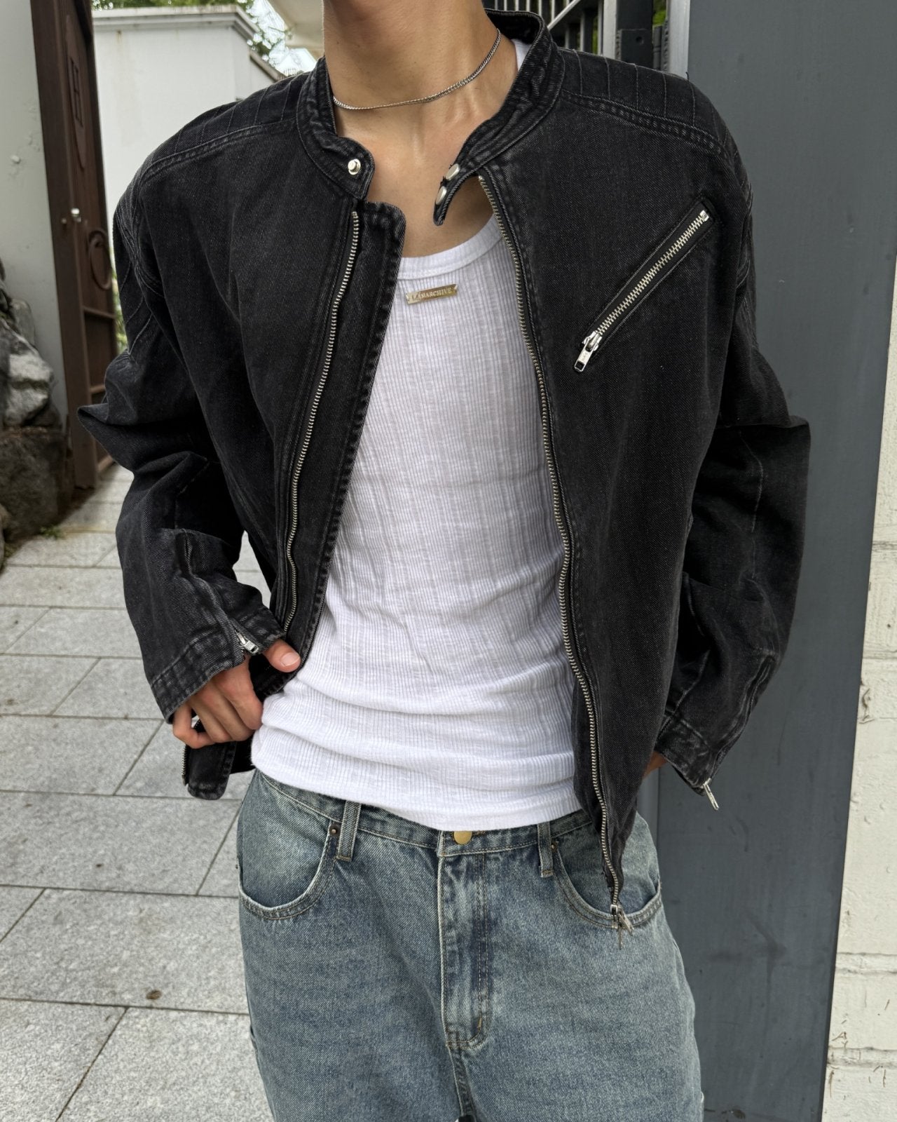 立領機車牛仔外套