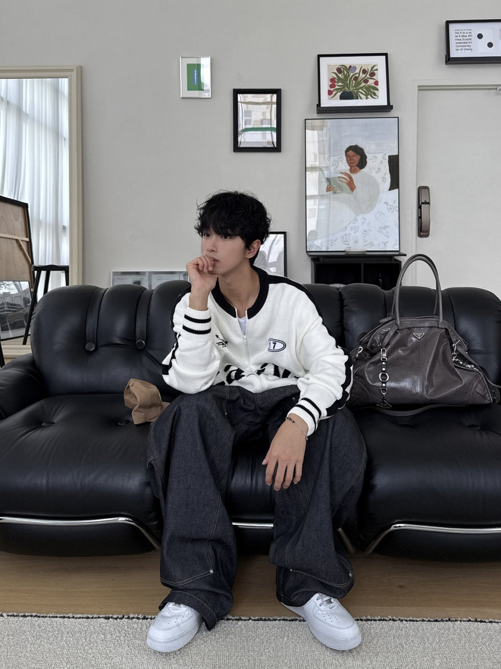 運動風印花拉鍊針織冷衫