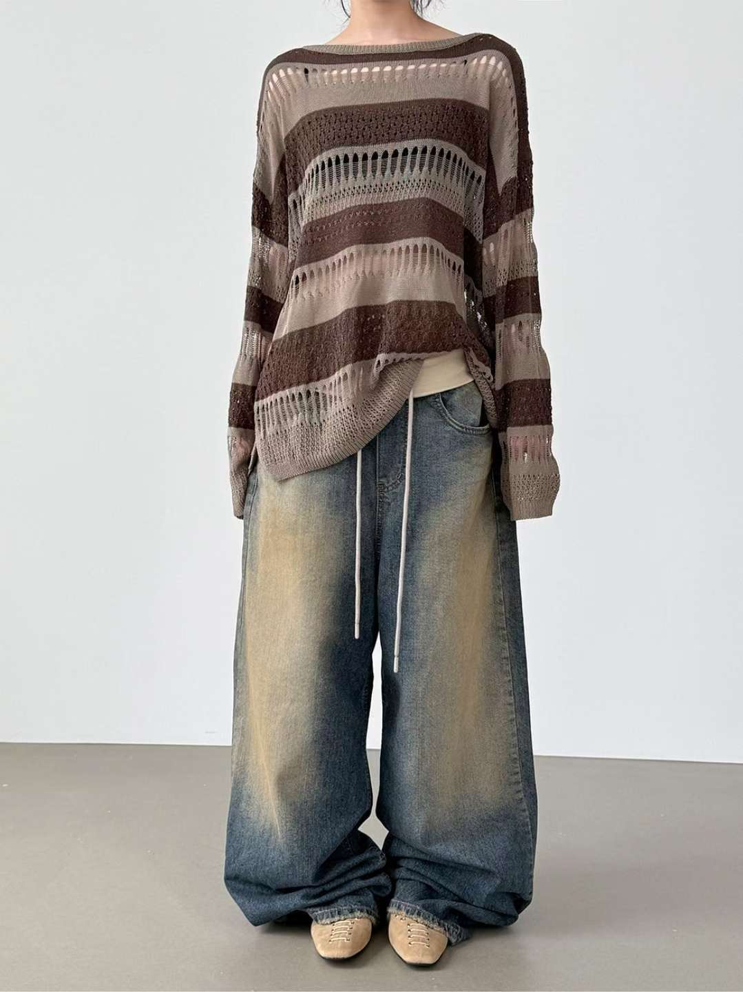 翻邊復古做舊牛仔褲