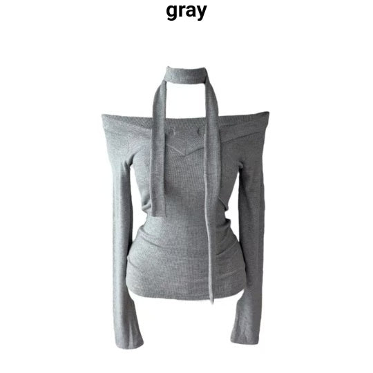 V領一字膊長袖衫(附有頸帶)