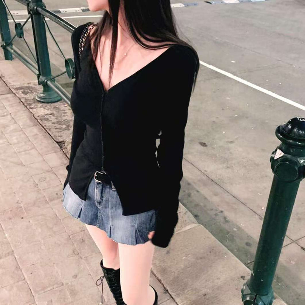 低胸鈕扣長袖薄長袖