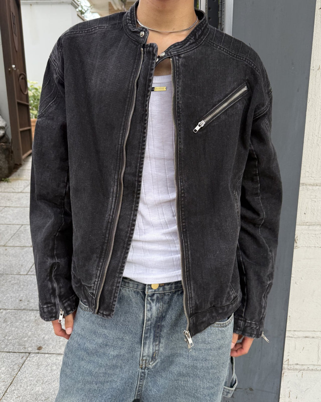 立領機車牛仔外套