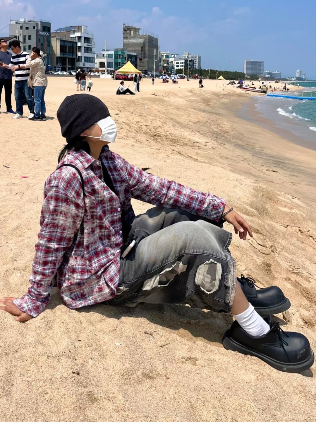 👦🏻👧🏻可穿 - 破爛牛仔拼迷彩7分褲
