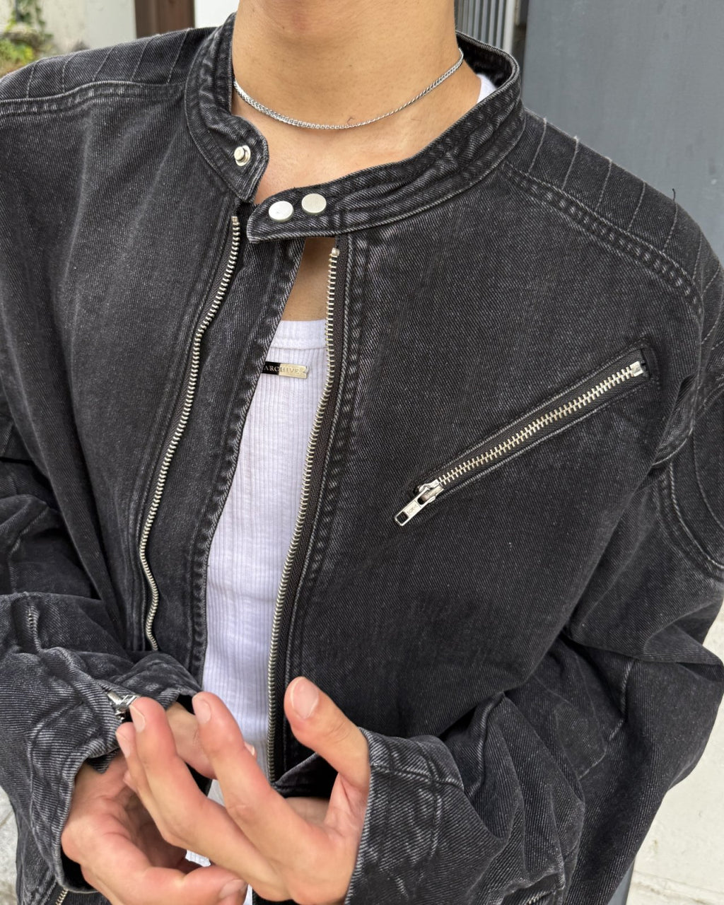 立領機車牛仔外套