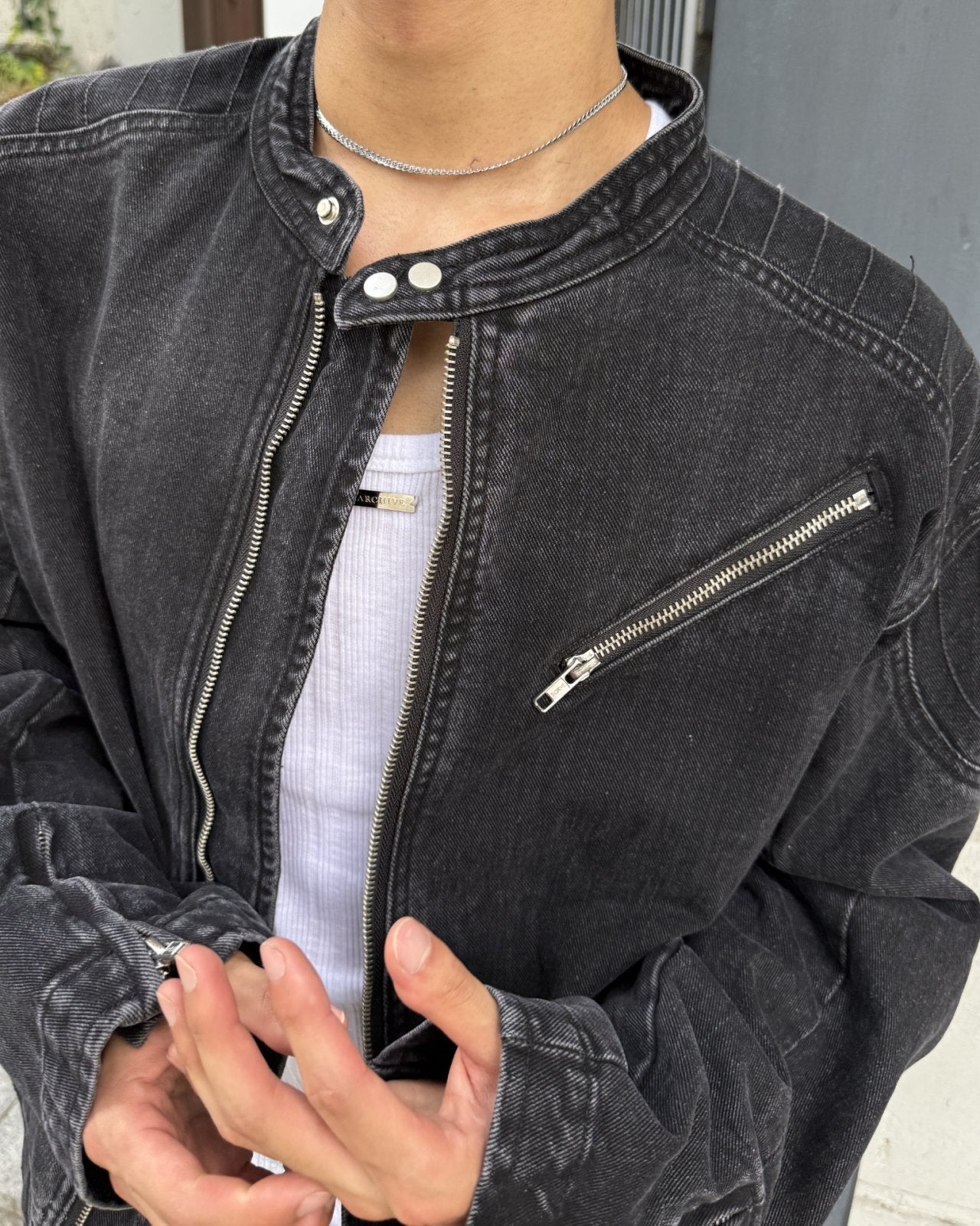 立領機車牛仔外套