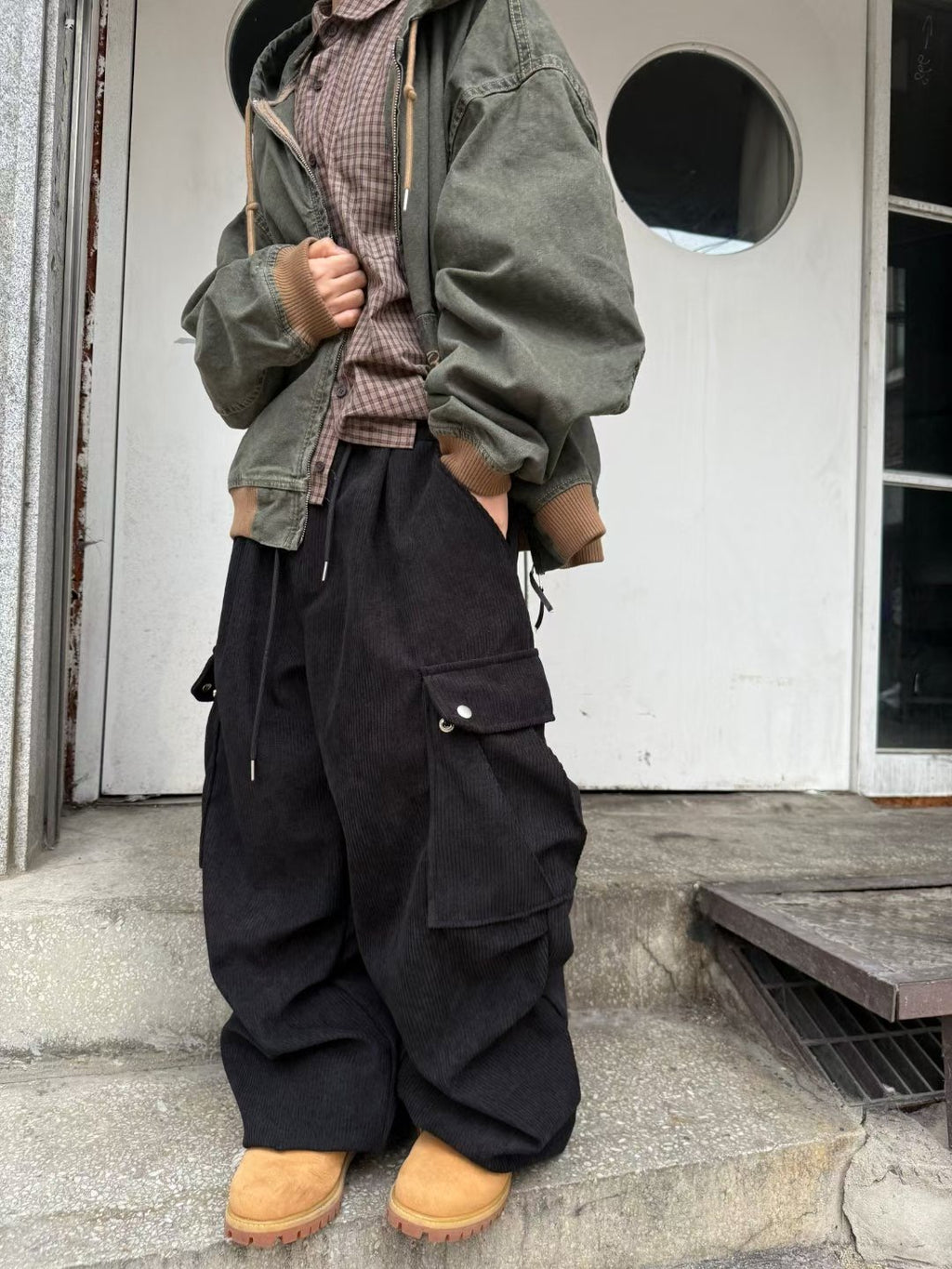 👦🏻👧🏻可穿 - 多袋設計燈芯絨工裝褲