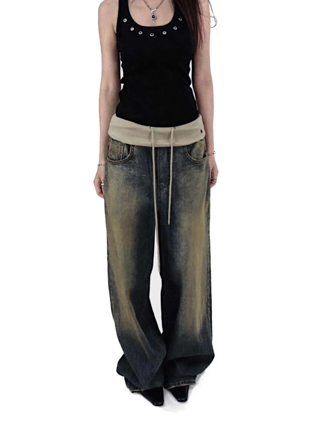 翻邊復古做舊牛仔褲