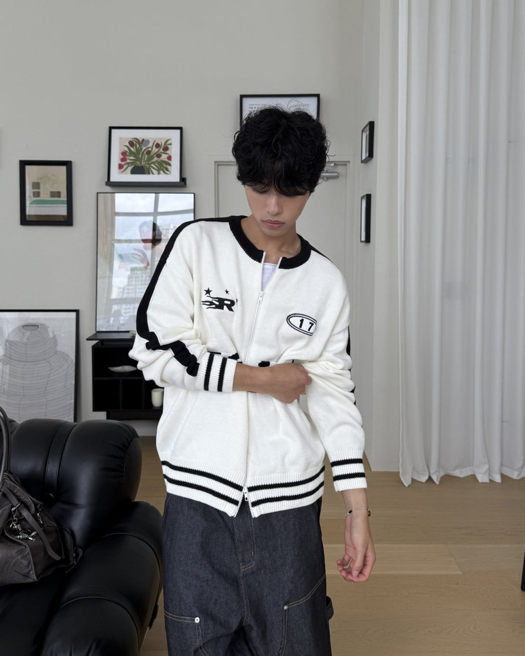 運動風印花拉鍊針織冷衫