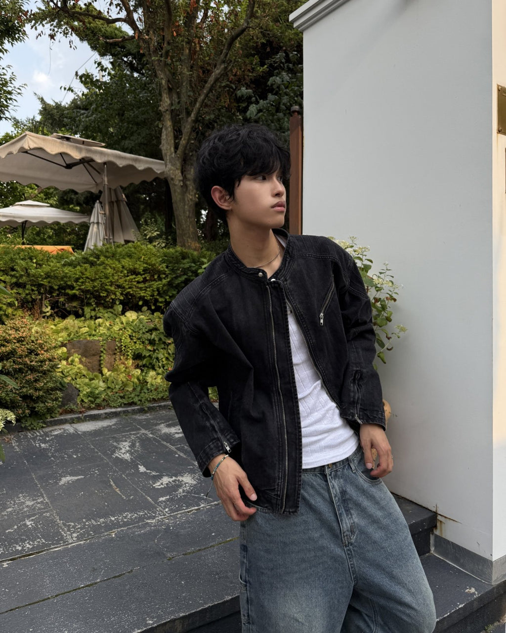 立領機車牛仔外套