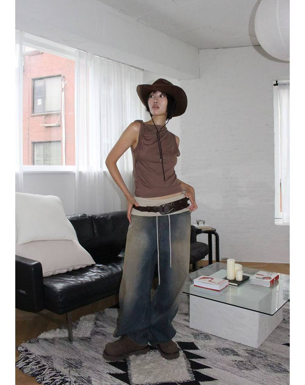 翻邊復古做舊牛仔褲