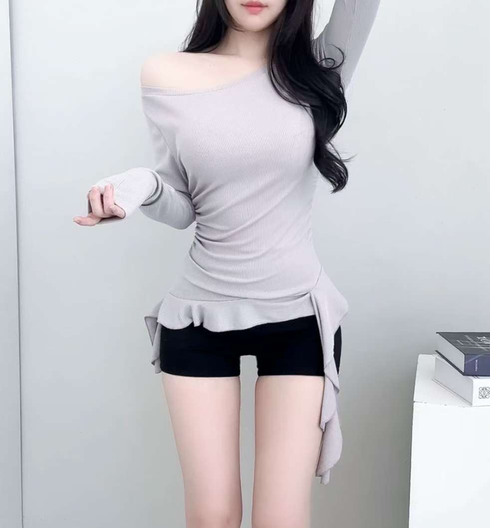 荷葉邊飄飄帶長袖上衣