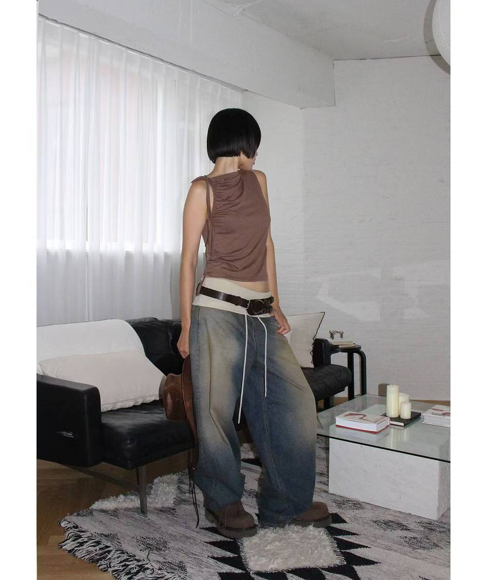 翻邊復古做舊牛仔褲