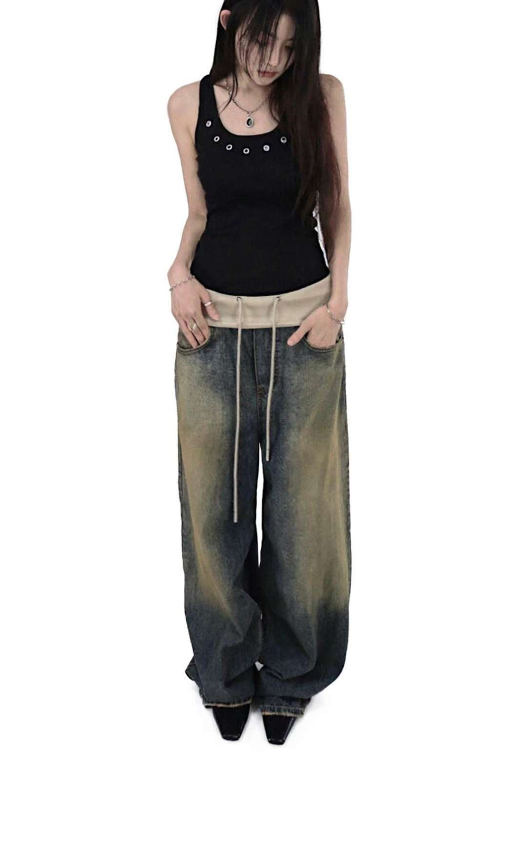 翻邊復古做舊牛仔褲