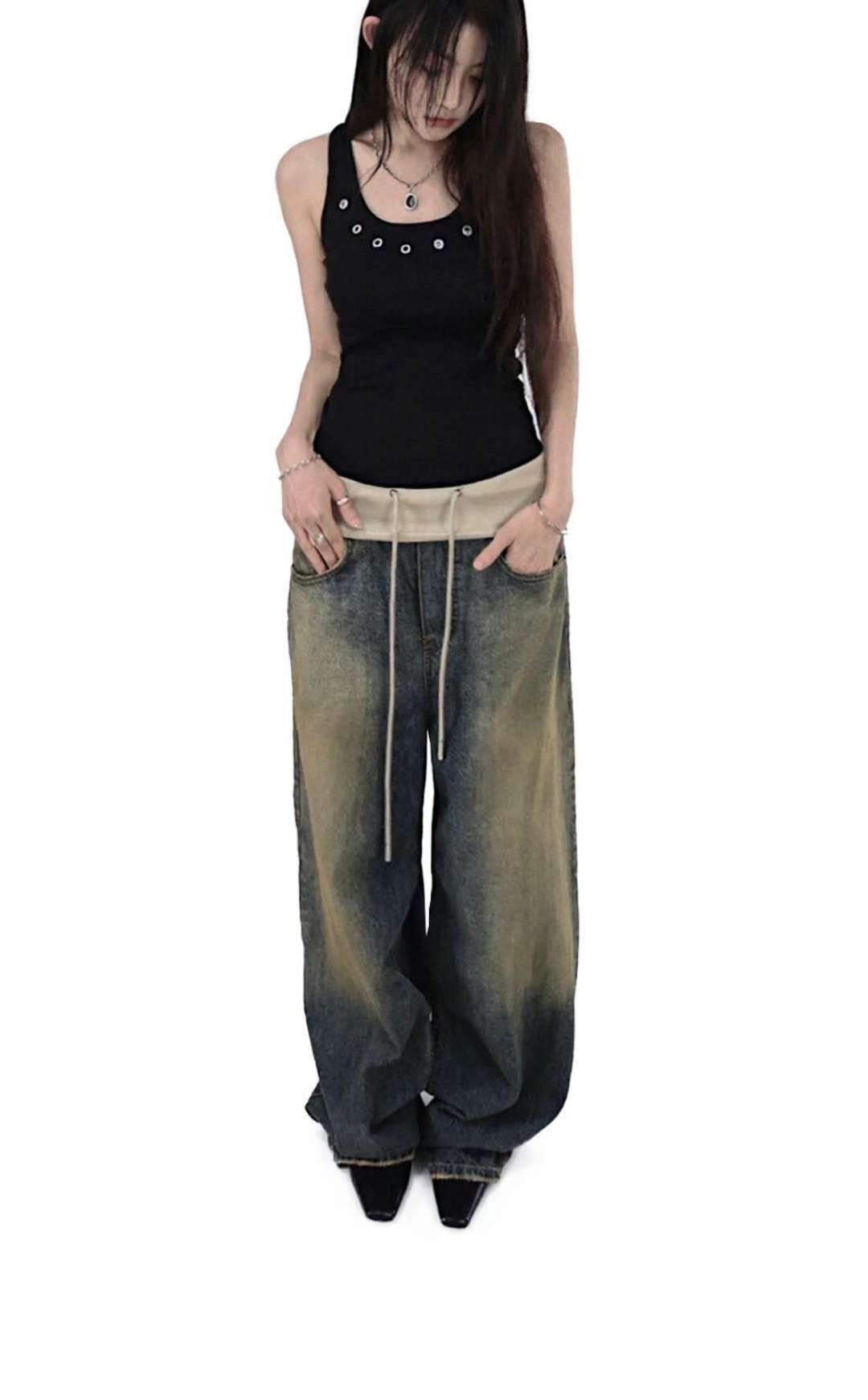 翻邊復古做舊牛仔褲