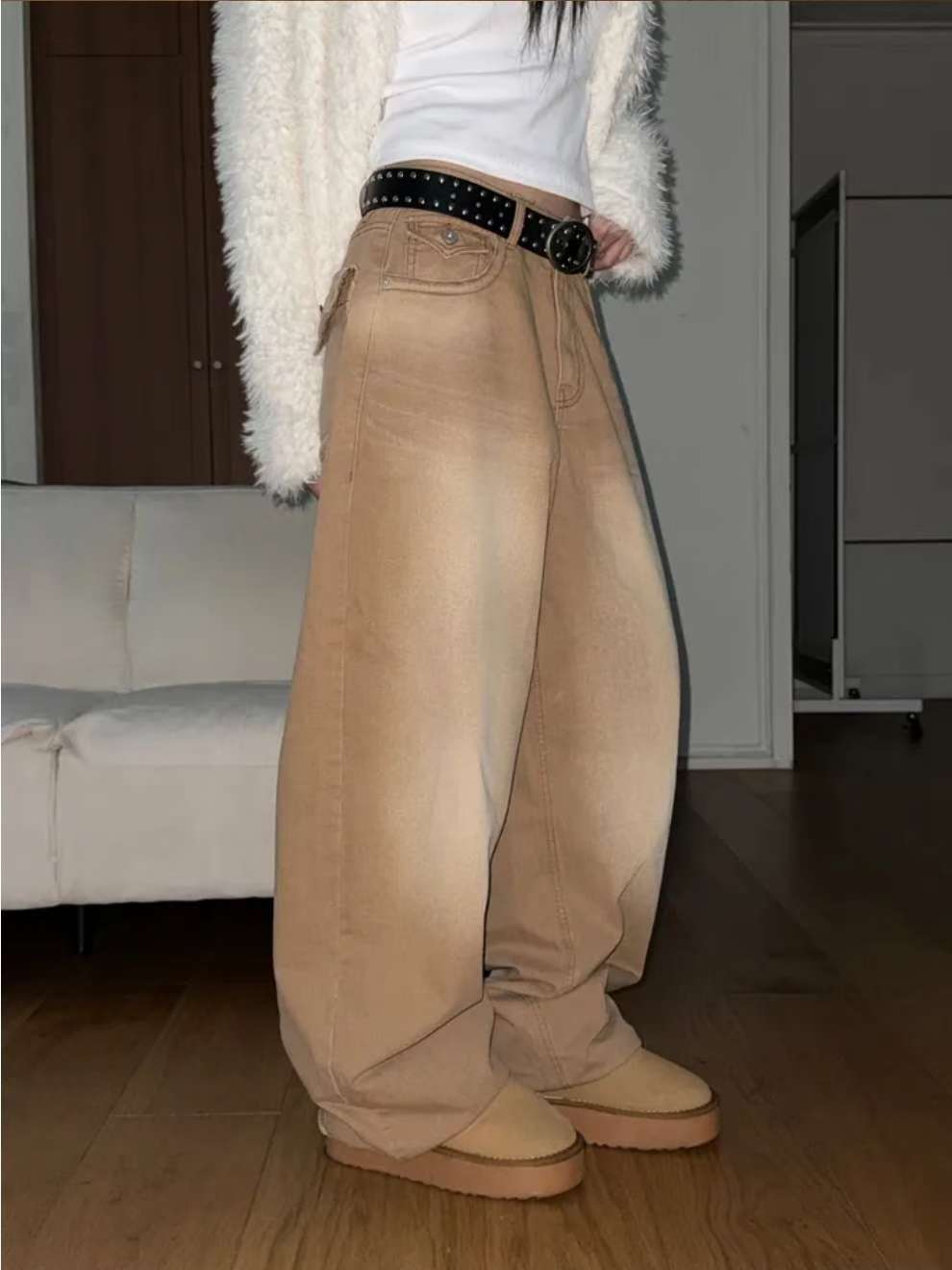 摩卡色水洗闊腳牛仔褲