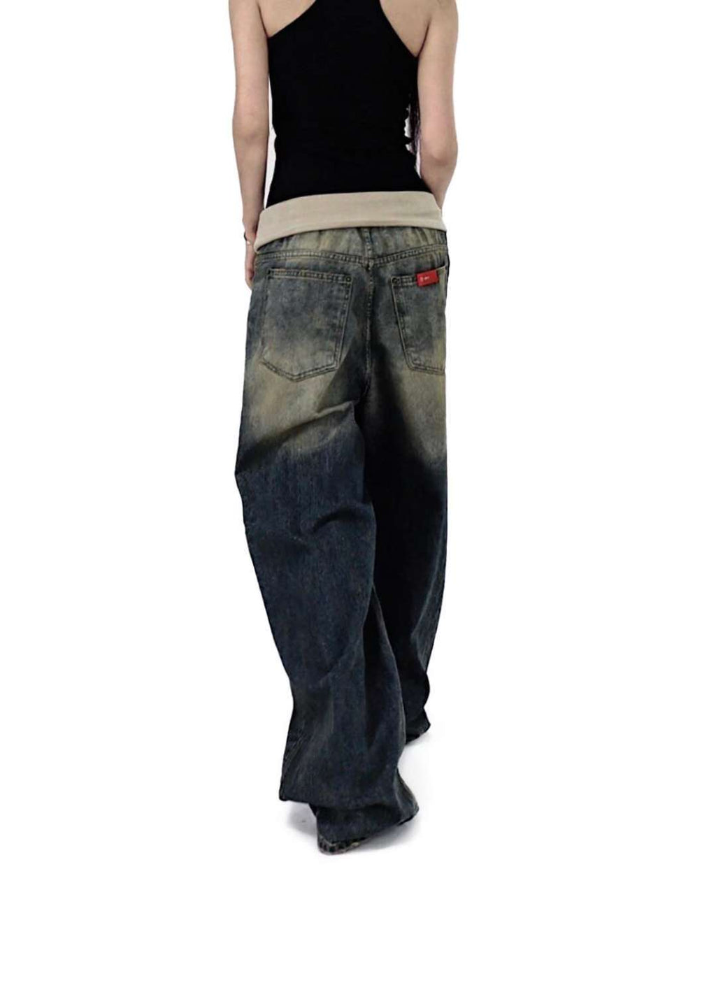 翻邊復古做舊牛仔褲