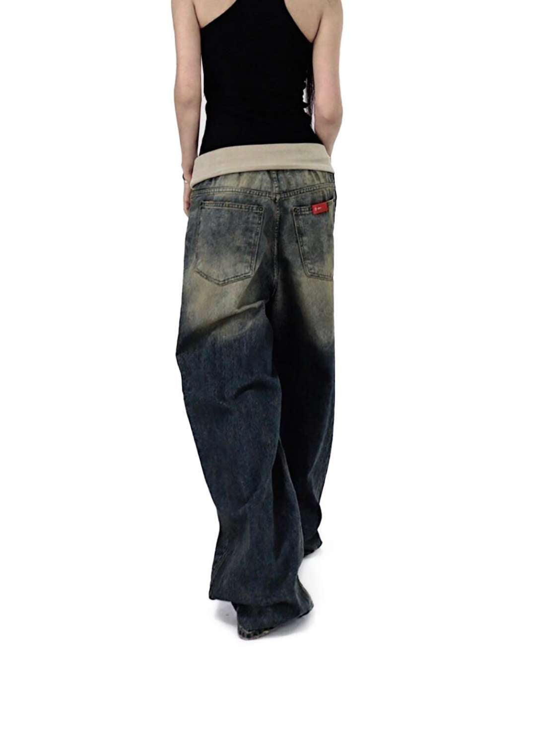 翻邊復古做舊牛仔褲