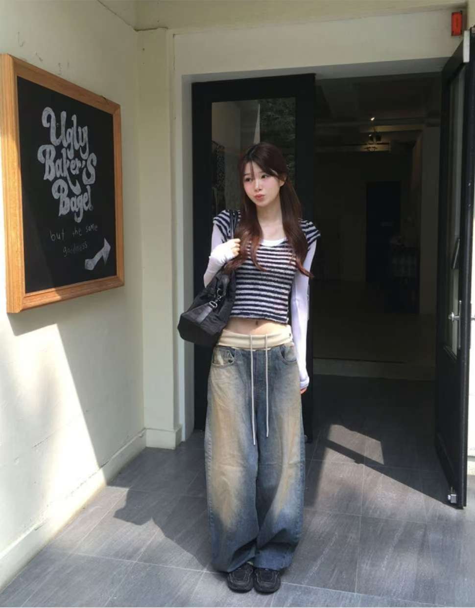 翻邊復古做舊牛仔褲