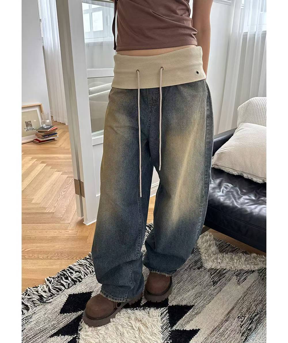 翻邊復古做舊牛仔褲