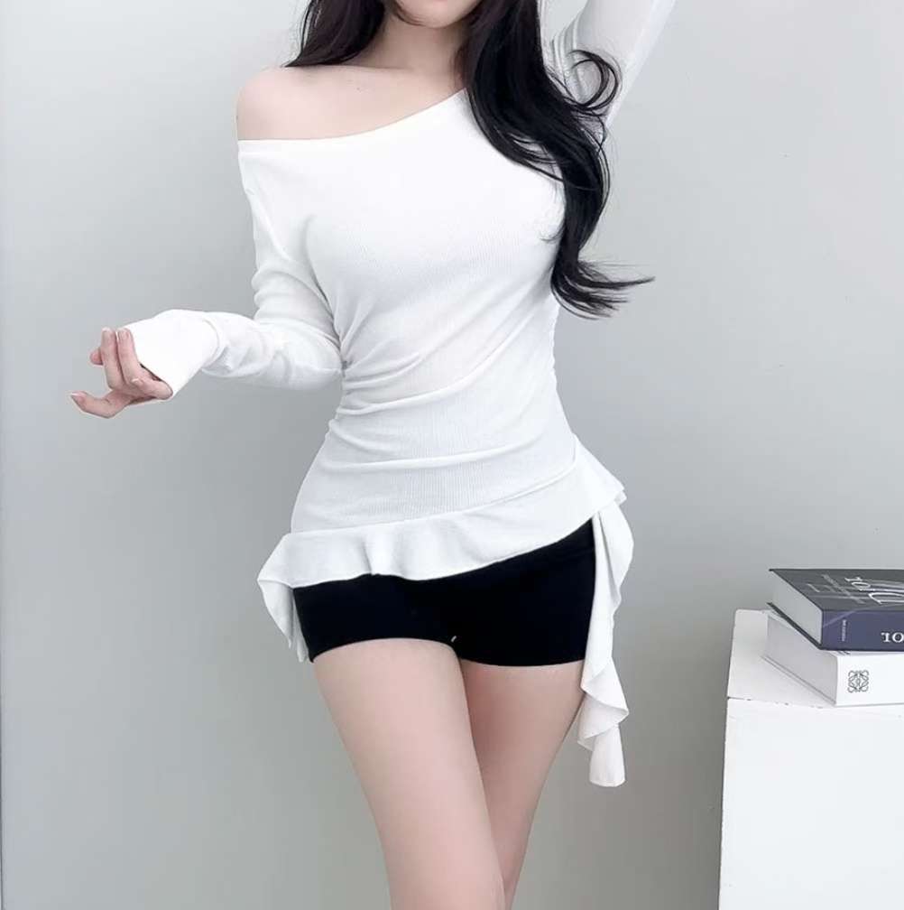 荷葉邊飄飄帶長袖上衣