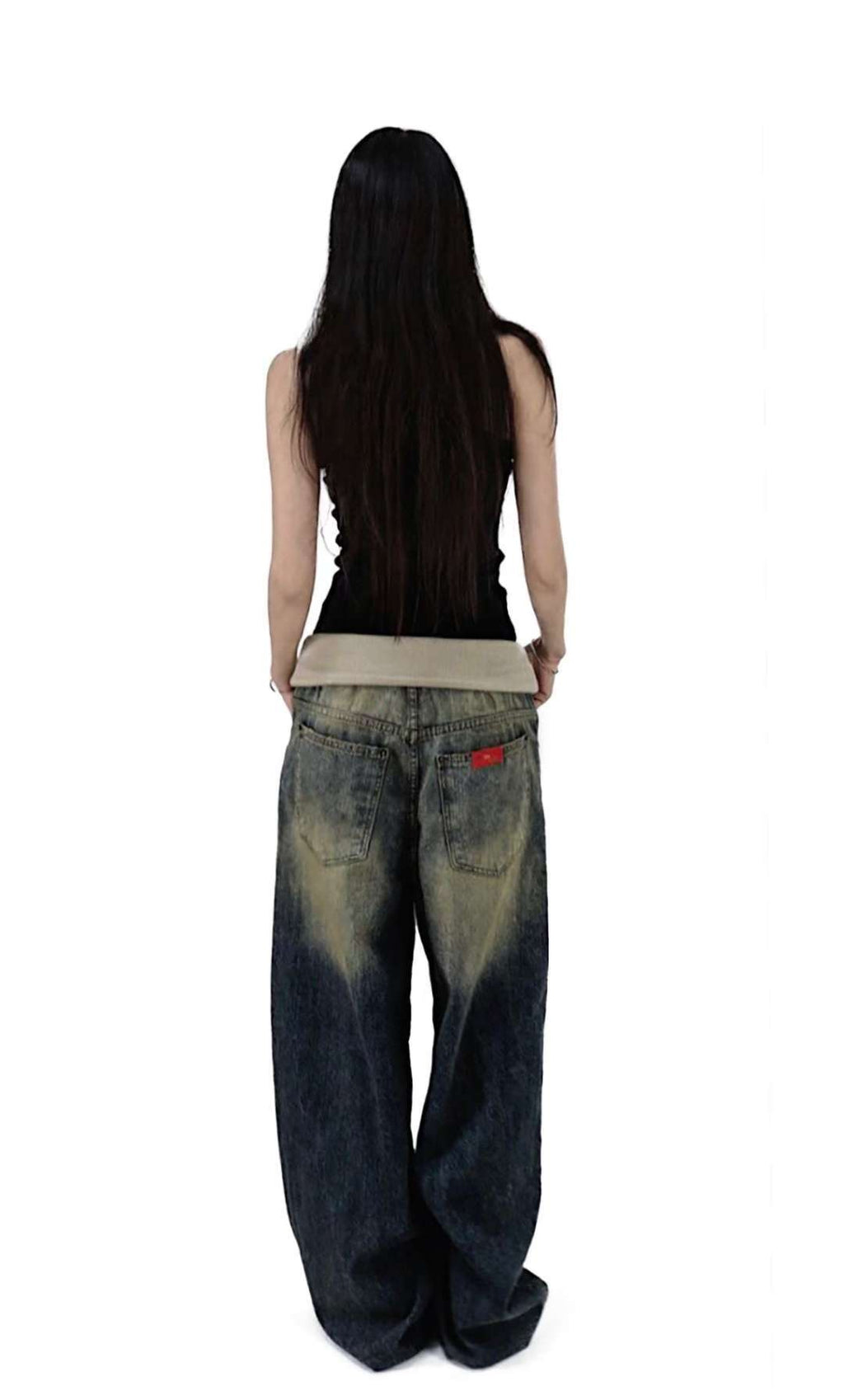 翻邊復古做舊牛仔褲