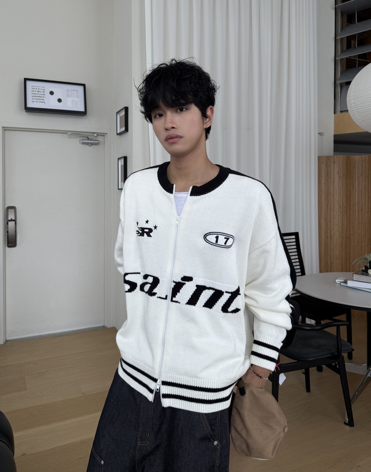 運動風印花拉鍊針織冷衫