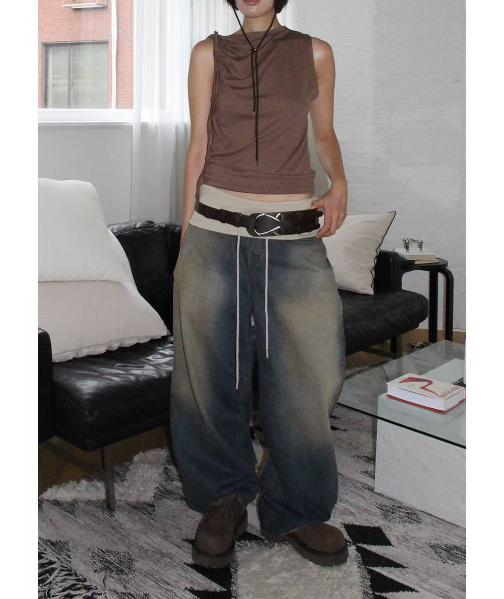 翻邊復古做舊牛仔褲