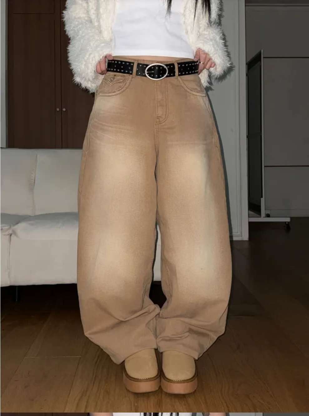 摩卡色水洗闊腳牛仔褲